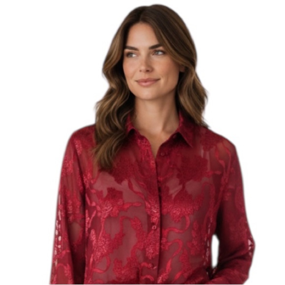 Victoria's Secret Vintage Satin Red Floral Button Down Burnout Sheer Shirt M